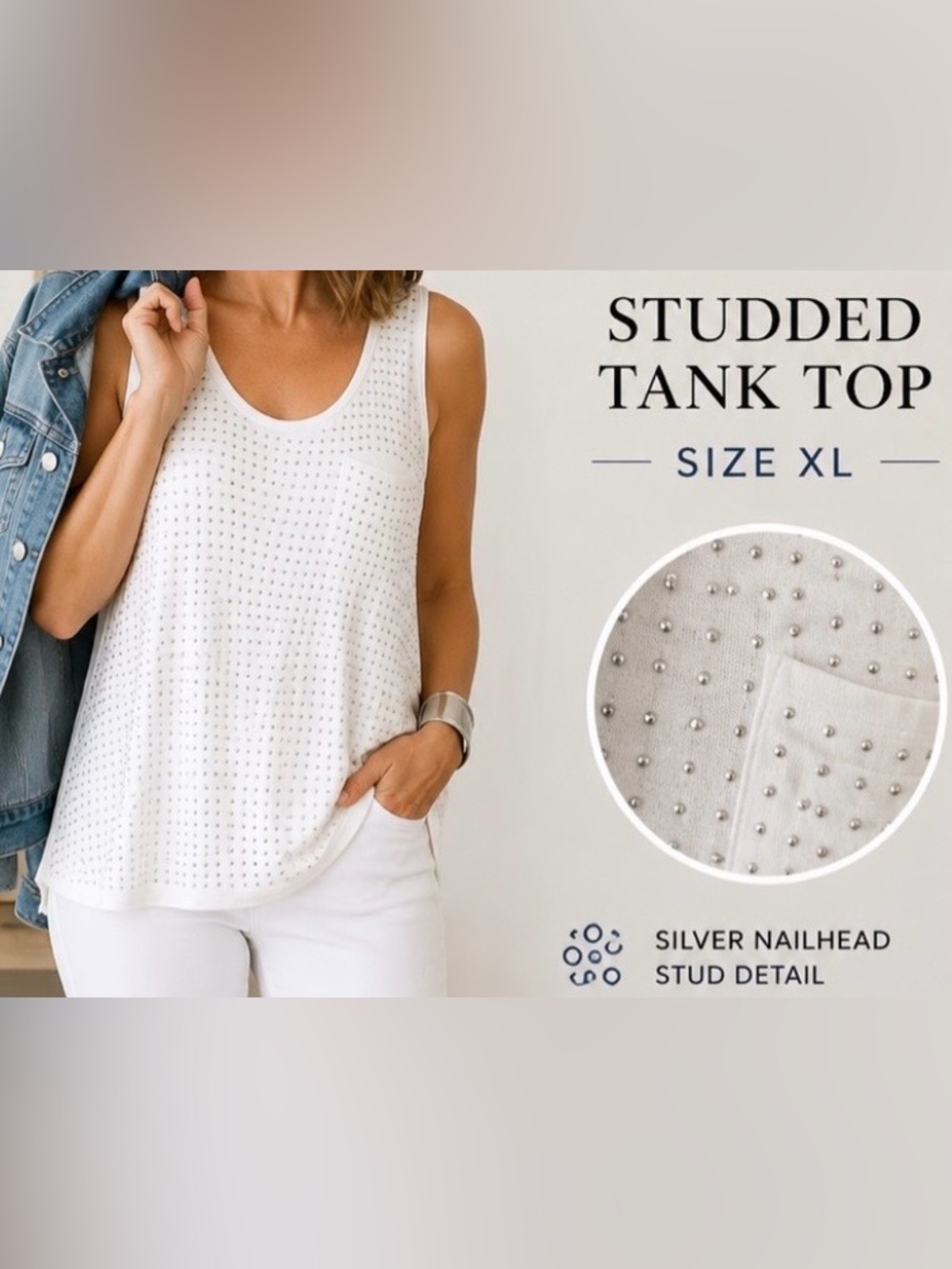 Studded Tank Top XL White Nailhead Embellished Pocket Tank